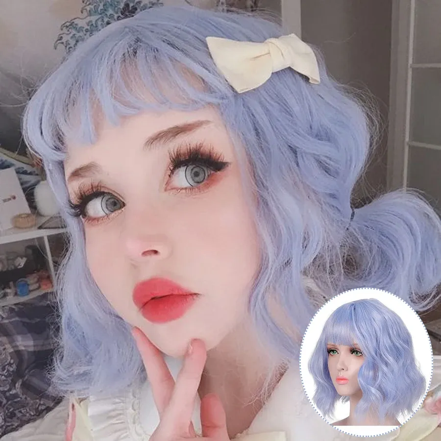 Wigs Ailiade Kısa Dalgalı Peruk Kırmızı Yeşil Sarışın Mor Pembe Sentetik Cosplay Lolita Wig Sevimli Kız Lady Anime Peruk Kadınlar İçin