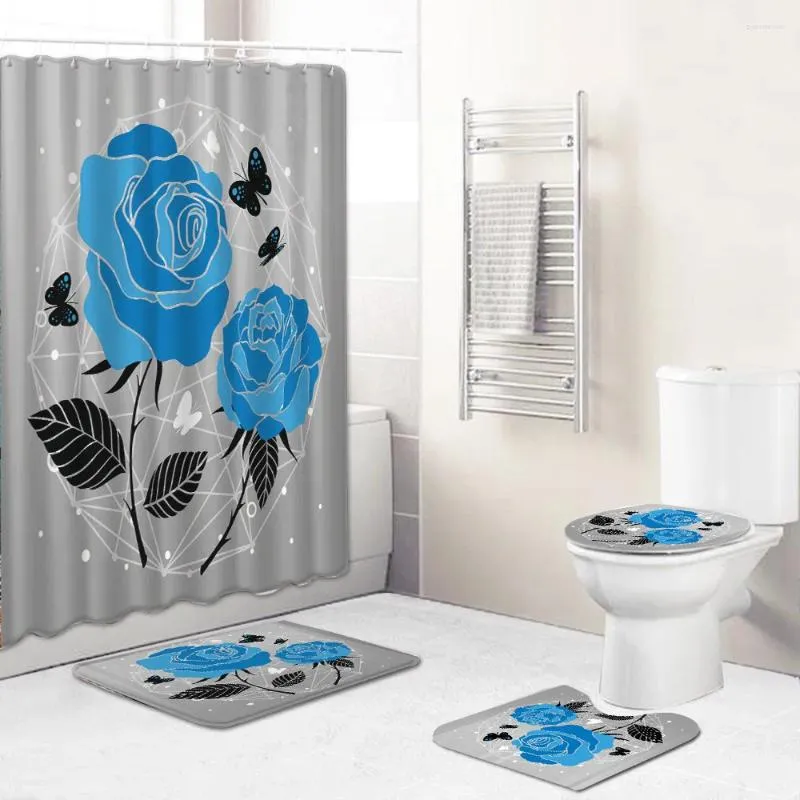 Cortinas de chuveiro azul rosa cortina flor borboleta 4pcs conjunto poliéster pedestal tapete decoração do banheiro à prova d'água