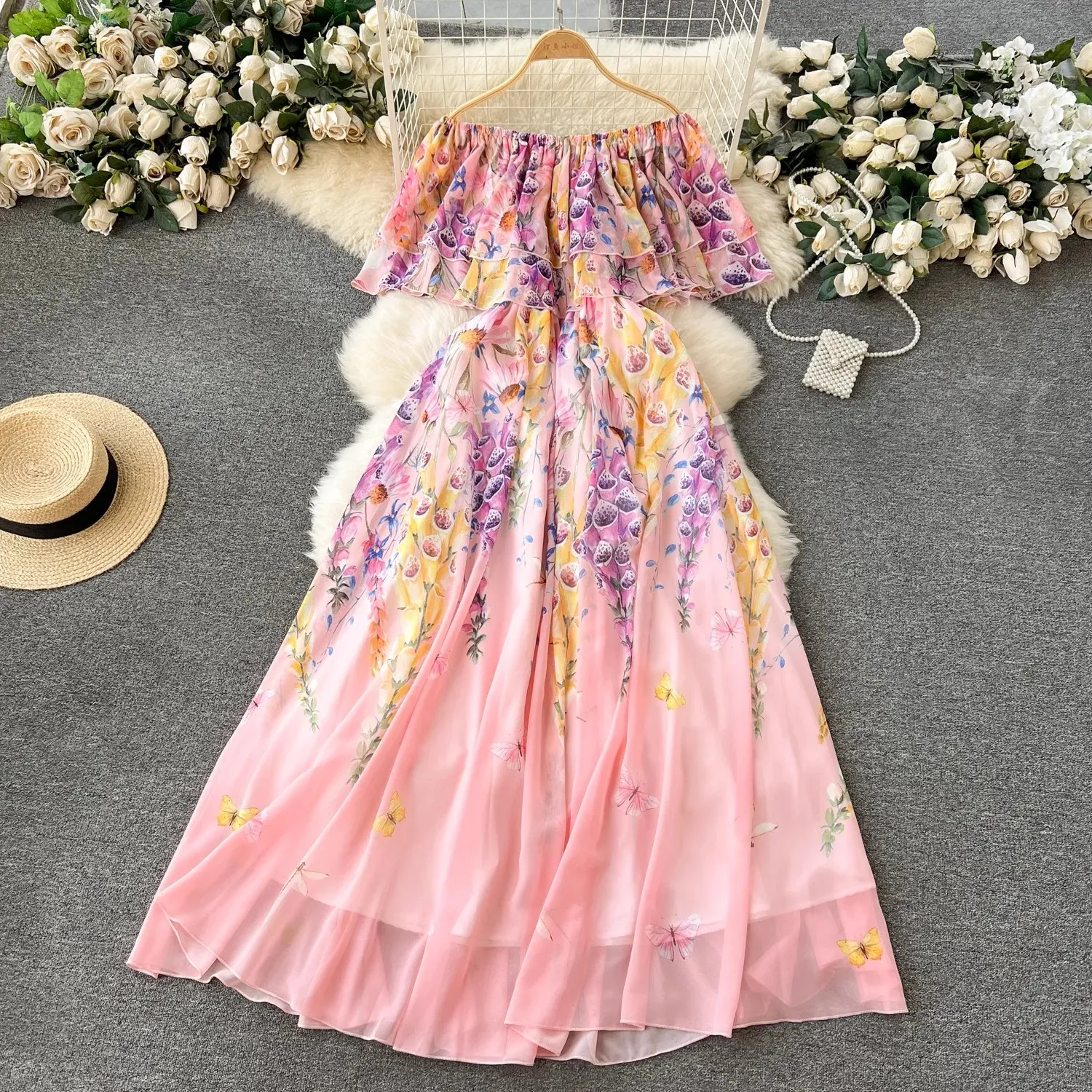 2024 Fashion Floral Print Chiffon Dress with Cool Shoulder Ruffles and Slash Neckline for Women - Basic Casual Robe Vestidos