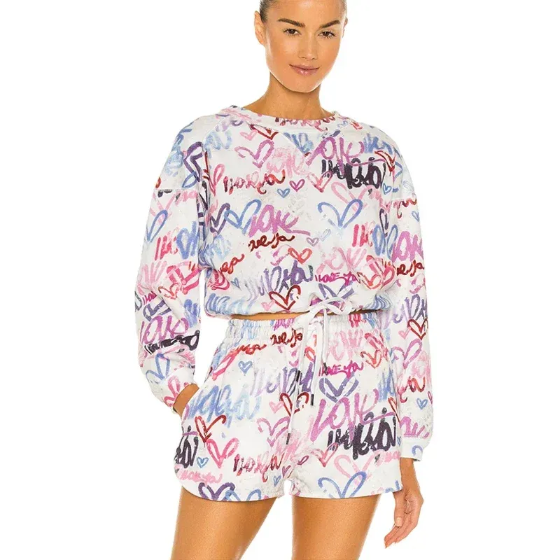 Short d'été pour femmes, tenue deux pièces, haut, vêtements, Graffiti, impression numérique, amour, cordon de serrage, sweat-shirt en coton, 2023 pièces