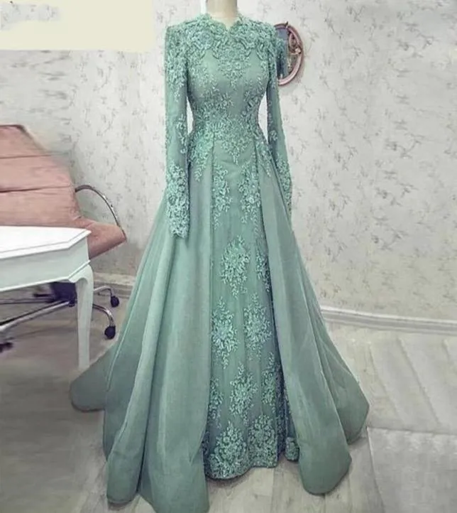 Turquoise Muslim ALine Evening Dresses with Long Sleeve Appliques Lace Prom Party Gowns Dubai Arabic Special Occasion Formal Dres1252483