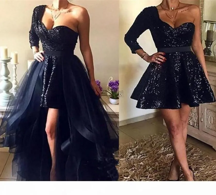 Spakly Navy Blue Sequins Short Prom Dresses With Detachable Overskirt Hi Lo New 2019 Sexy One Shoulder Long Sleeve African Evening5132425
