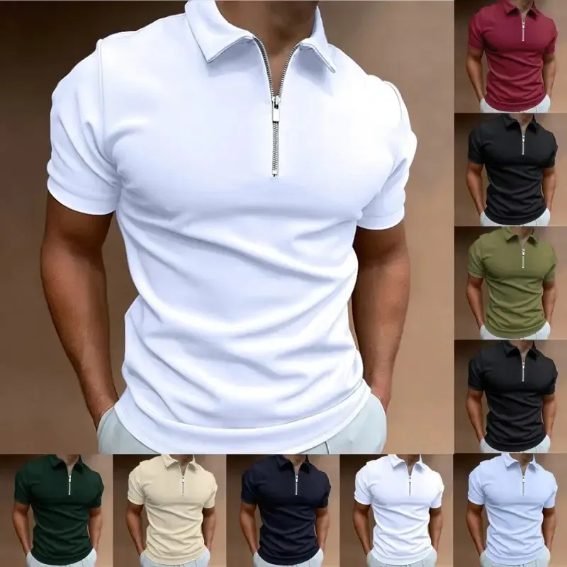 2 PCS Hommes Polo Chemise À Manches Courtes Casual Fermeture À Glissière Col Montant Tous Les Jours Rue Emballé À Vendre Mode D'été Rayé Golf 240321