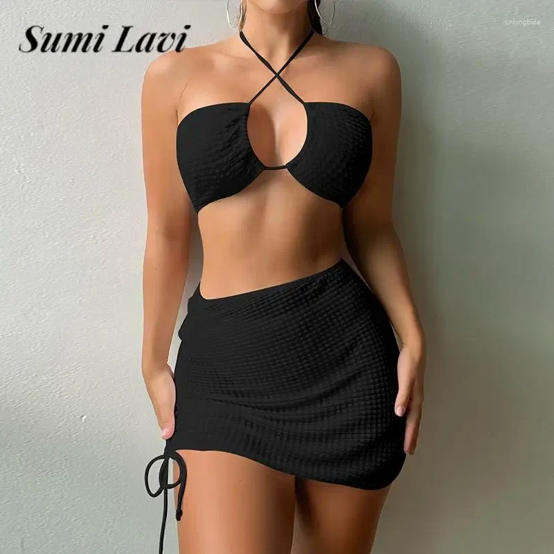 Women's Swimwear Sexy Halter Bra Thong Cover-up Skirt Set Solid Color Backless Fashion Three Piece Swimsuit Summer Lace-up Push Up Beachwear
