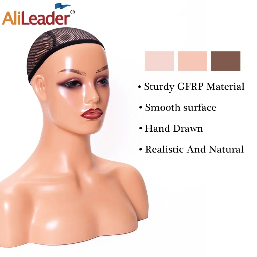 Realistyczna kobieca głowa manekina z ramionami czarna beżowa biała manikin głowa na peruki wyświetlacza toupee