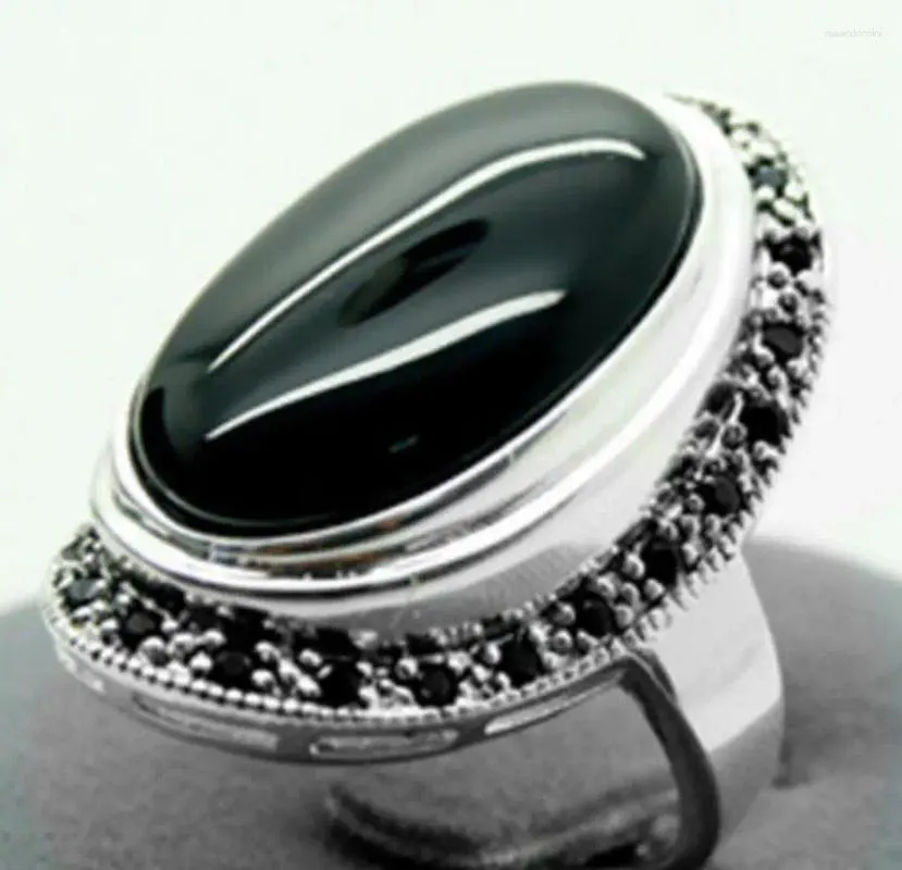 Cluster Rings Fashion Jewelry Pretty 17X30mm Black Agates Inlay Marcasite 925 Sterling Silver Ring 7/8/9/10