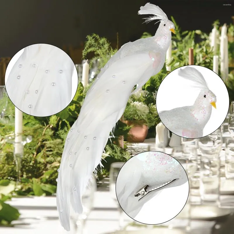 Décoration de fête artificielle blanche perle paon statue avec griffe simulation mousse plume inséparable ornement de bureau mariage noël