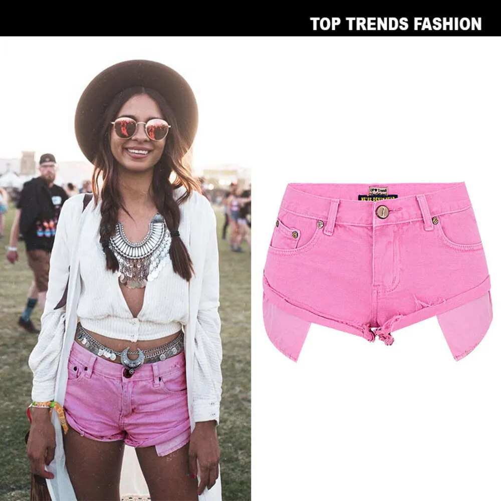 Shorts de créateurs se vendent bien Femmes taille basse Denim Decadent Wind Loose No Stretch Curl Open Pocket Beach Hot Pants Macaroni Powder 4es5