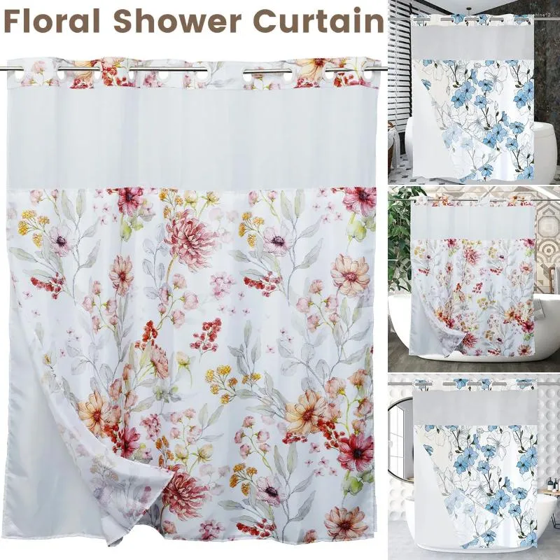 Shower Curtains Hook Free Curtain Waterproof Bathroom With Snap-in Liner Decorative Floral Bath Washable