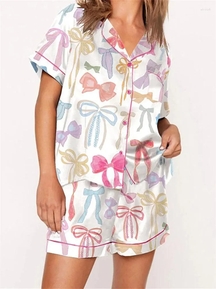 여성용 잠자기 2 피스 파자마 세트 Y2K 나비 프린트 라운지웨어 옷깃 버튼 아래로 짧은 슬리브 셔츠와 바지 여름