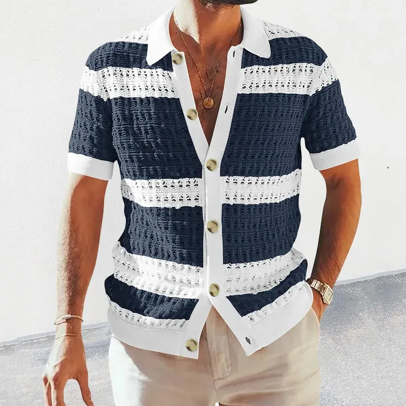 Casual Mens Knitted Shirts Spring Summer Loose Short Sleeve Buttoned Lapel Knit Cardigans Men Clothes Vintage Striped Shirt 240321