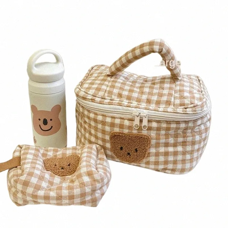 1 ~ 10pcs Hylhexyr Cute Bear Makeup Bag Grande Capacidade Portátil Sacos Cosméticos Zipper Pure Cott Plaid Brushes Case Bolsa Para t7l8 #