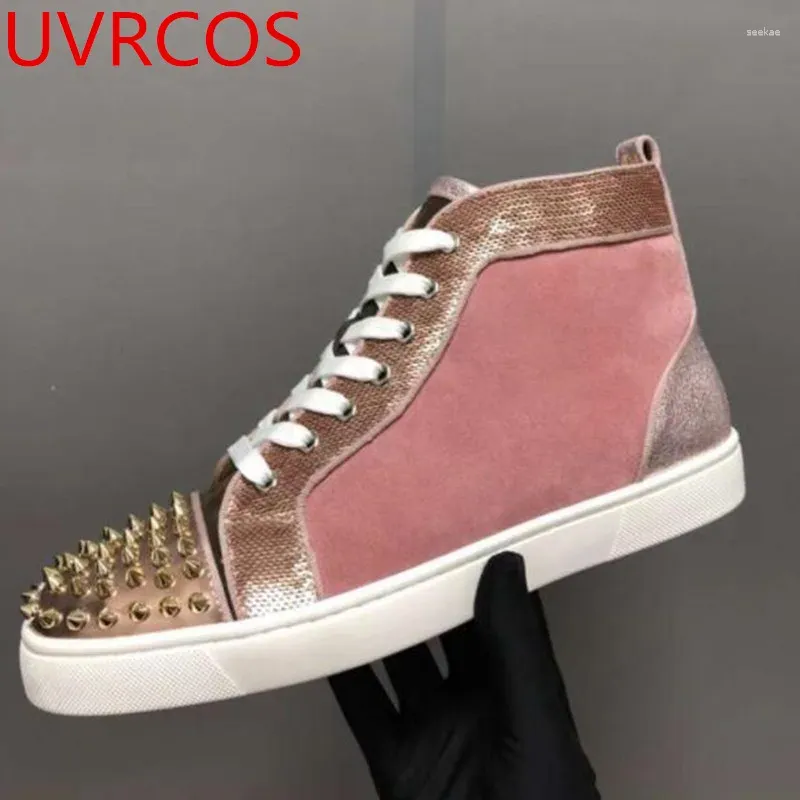 Sapatos casuais 2024 alta superior ouro picos tênis para homens esporte rosa camurça moda rendas ao ar livre cor misturada unisex