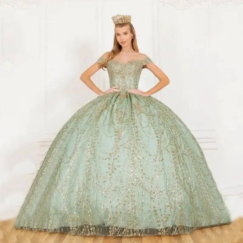 Sage verde quinceanera vestidos 2024 fora do ombro querida sem costas rendas vestidos de baile doce 16 vestidos de 15 anos