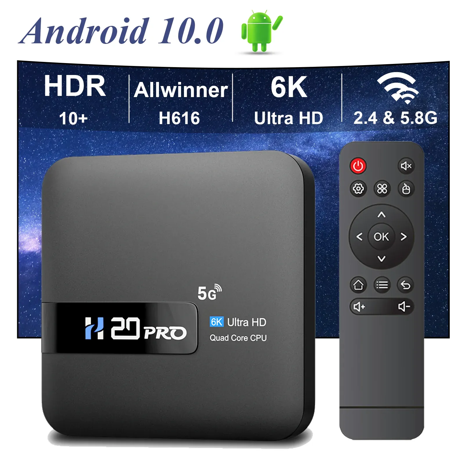 4K Android 10 TV Box, H20PRO Smart Media Player, 16GB Storage, 5G WiFi ...