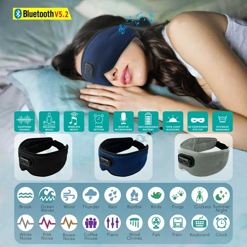 Headphones Sleep Headphones White Noise Cancelling Music Bluetooth 5.2 Silk Eye Mask Auto Shut Off 100% Light Blackout Sleeping Eye Covers