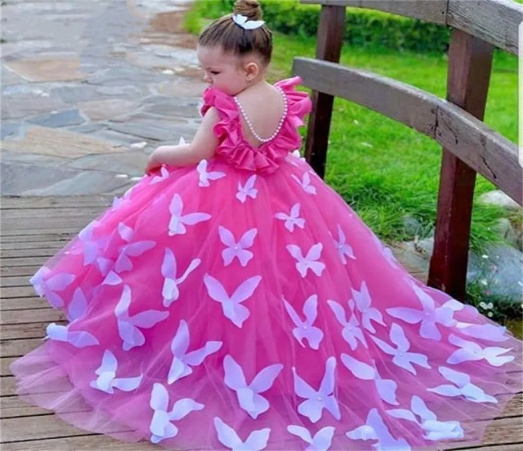 Belle robe de bal papillon filles Pageant robes bijou dos nu balayage train appliques enfant robes de fête d'anniversaire robe de fille de fleur9113949