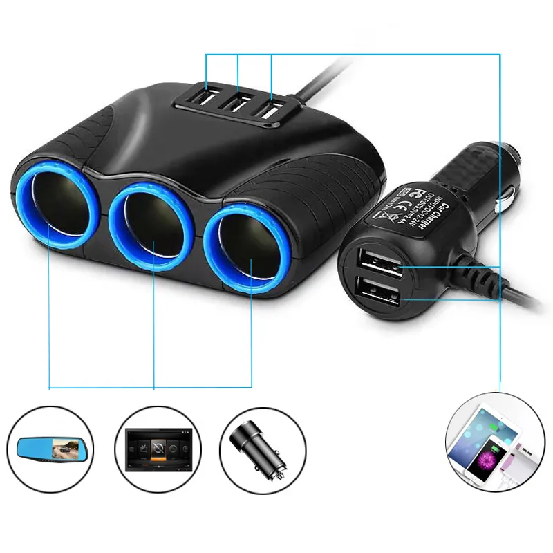 3 way cigarette lighter splitter Cablevantage Socket Splitter, 12V/24V DC Power Adapter Black light weight Three Way Cig. Lighter Sockets
