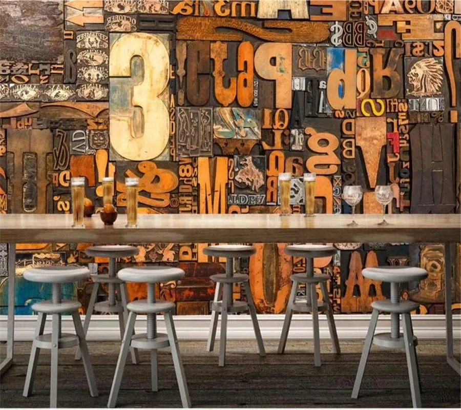 배경 화면 Wellyu Custom Wallpaper Papier Peint Nostalgic Vintage Vintage Wood Plank Woodcut English Alphabet Bar Cafe 배경 Wall Behang