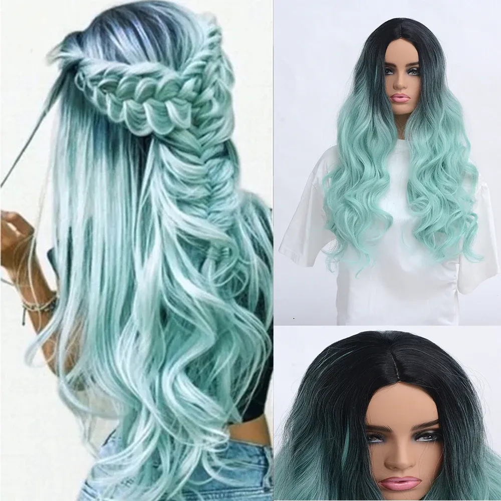 Wigs WHIMSICAL W Women Wig Synthetic Long Wavy Ombre Black Mint Green Natural Heat Resistant Breathable Hair Wigs