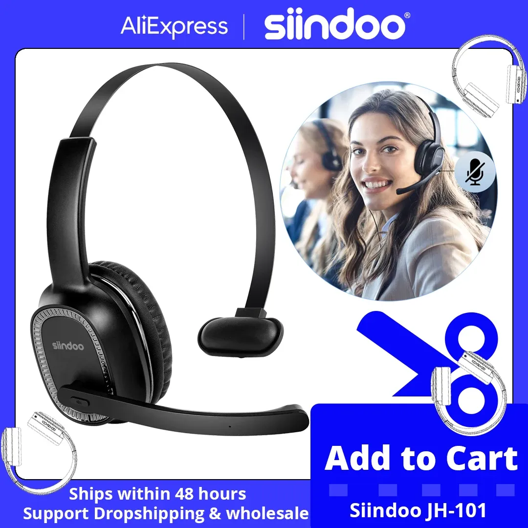 Headphones Siindoo JH101 Wireless Call Center Headset with Mic Noise Canceling Headphones with 50H Talking Time For Office Work, Video