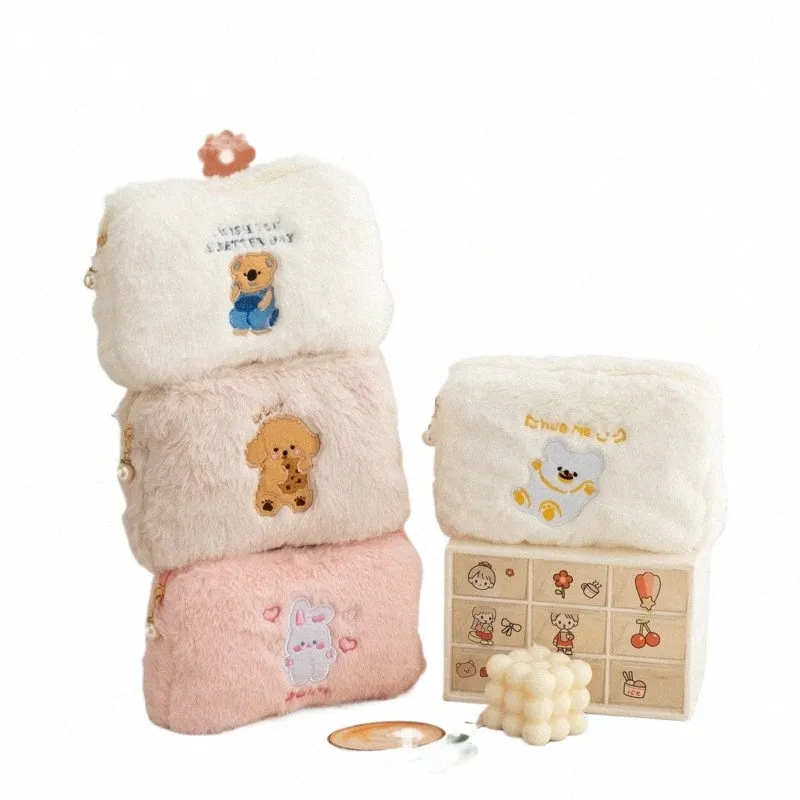 Hanins Peluche Borsa per il trucco Simpatico orsetto Portaoggetti portatile W Borsa per ragazza Borsa per ricamo di grande capacità Organizzatore cosmetico da viaggio