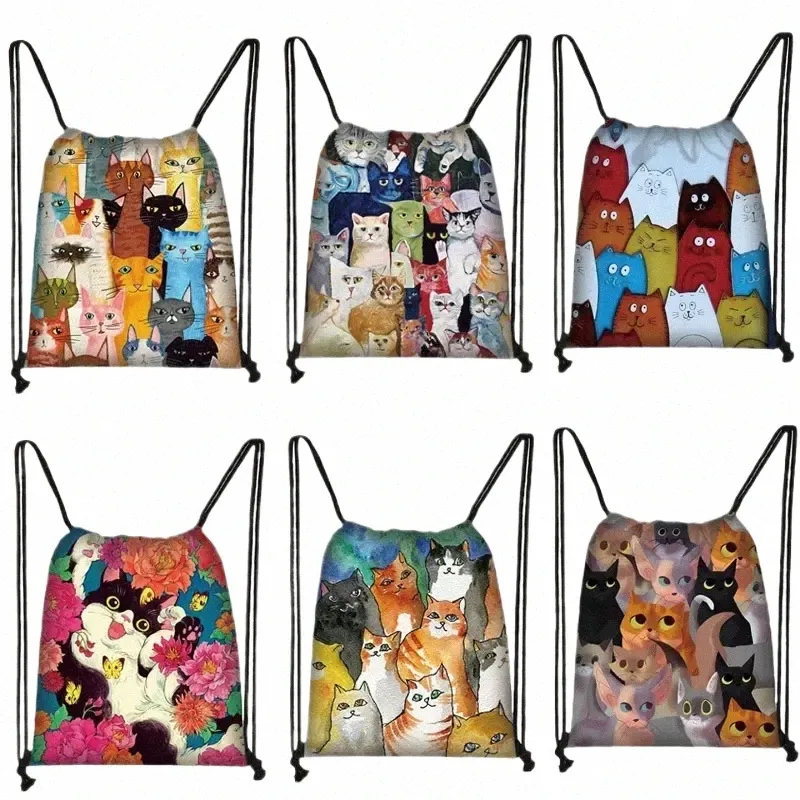 Meninas saco de cordão ginásio bolsa saco impressão 3d colorido gato mochila feminina portátil loja fi saco de sapato escolar para menina m51T #
