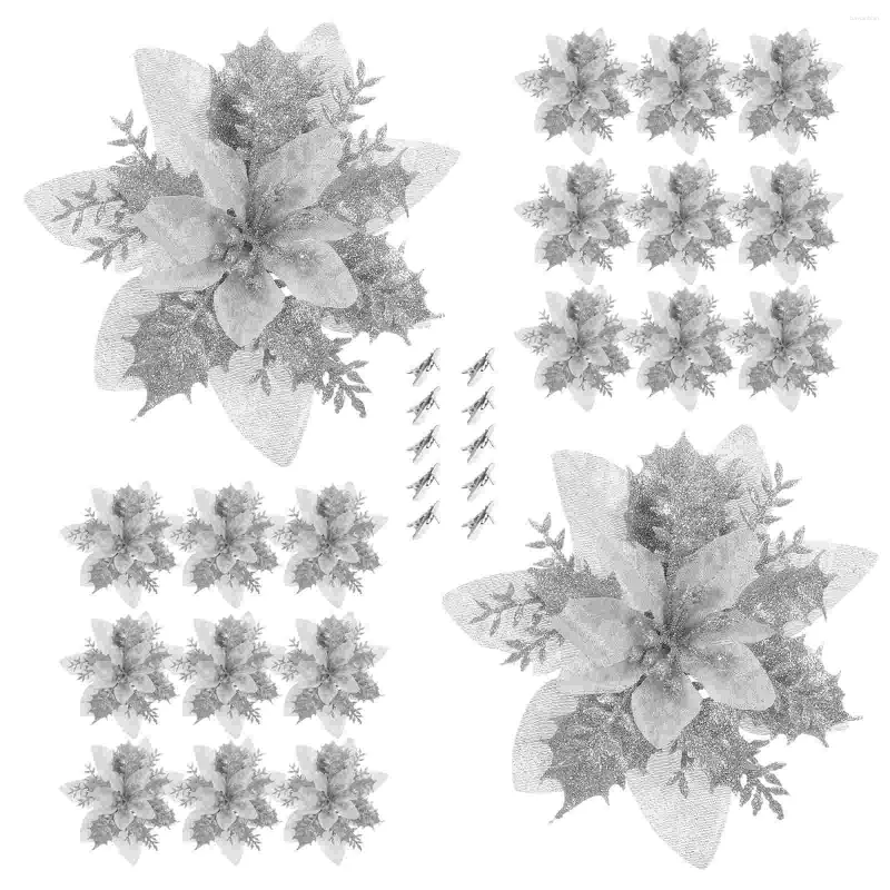 装飾的な花16pcsクリスマスキラキラポインセチアフェイクと花輪のクリップ