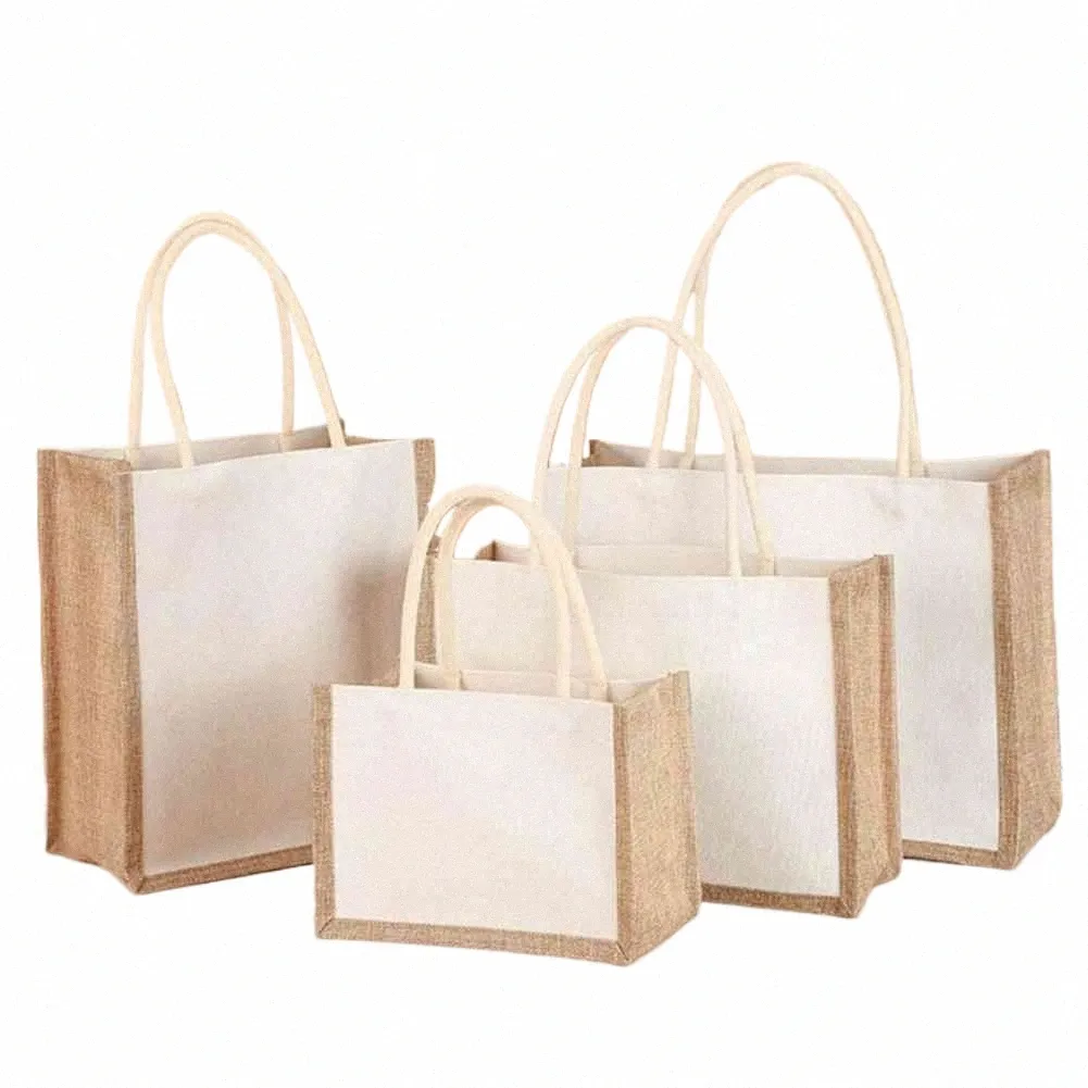Джутовая сумка-шопер из мешковины Многоразовая сумка для продуктов Водостойкая сумка большой емкости Сумка для пикника Путешествия Пляжные сумки для покупок s4Yf #