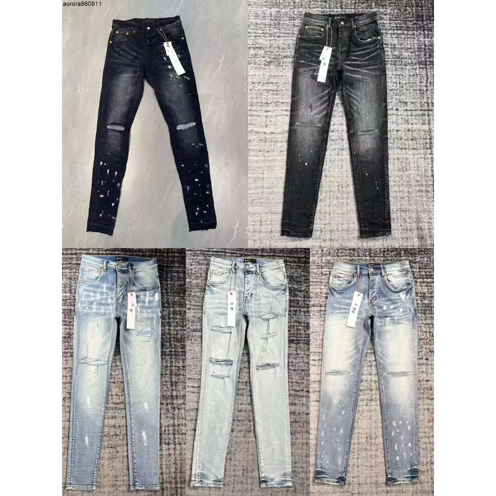 Paarse jeans Designer heren Jean Man borduurwerk broek luxe geborduurde patches Desinger denim broek mager slank gescheurd