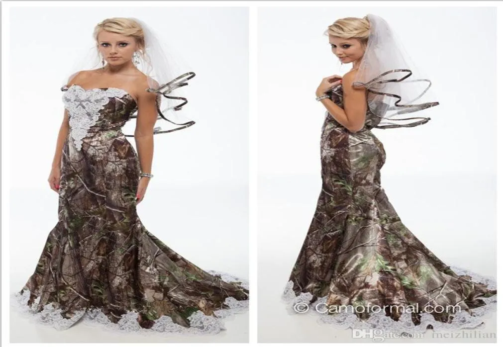 2016 Уникальные свадебные платья Realtree Mermaid Camo. Новая милая с белыми бусинами и кружевом с открытой спиной и скользящим шлейфом. Лесные свадебные платья Cu5365180