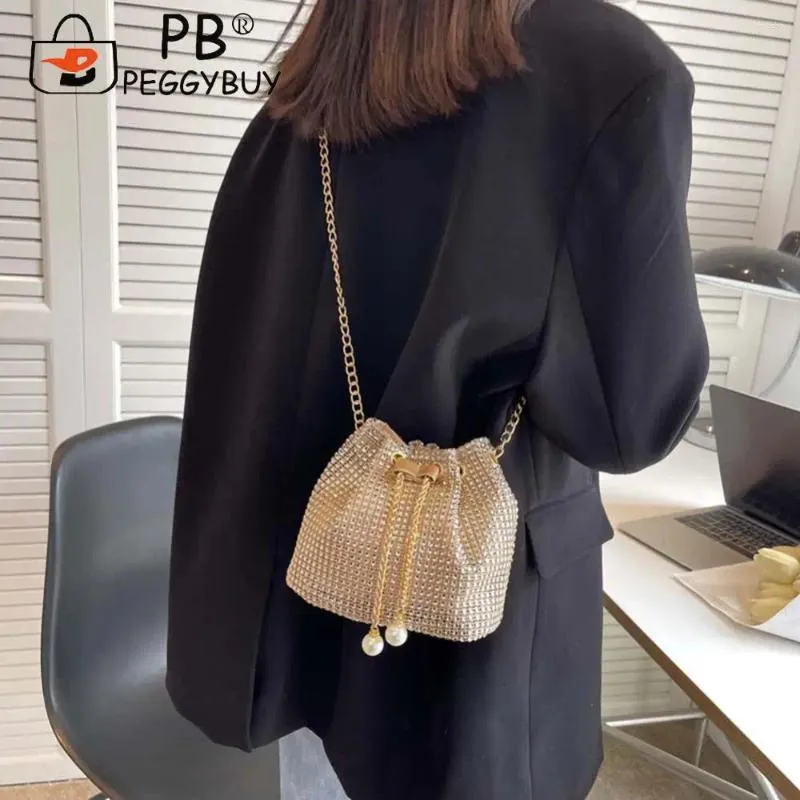 Drawstring Women Chain Crossbody Bag Solid Color Rhinestone Luxury Shoulder Glittering Satchel Female Dating