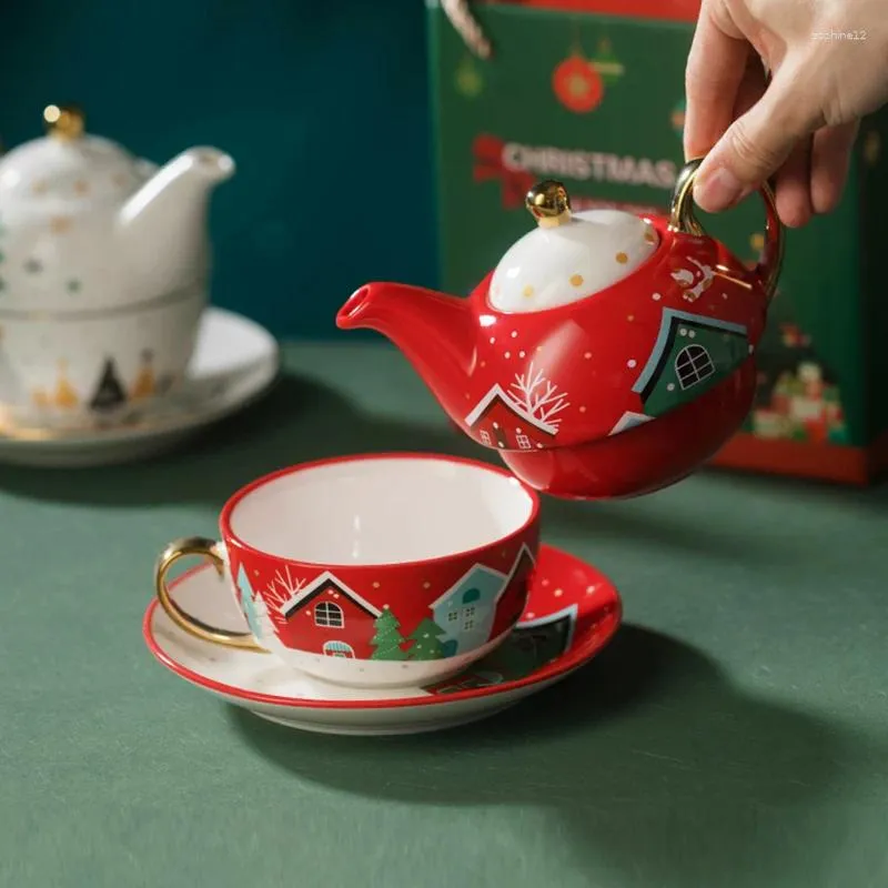 ティーウェアセットクリスマスシリーズセラミックティーセット手描きのカップソーサーギフトボックス1人
