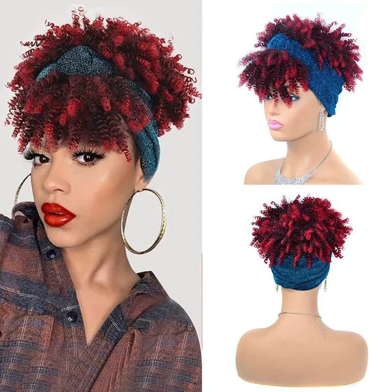 Perruques courtes crépues bouclées bandeau perruques Afro bouclés bordeaux perruque avec écharpe naturel bouclés noir Cosplay perruques synthétiques faux cheveux