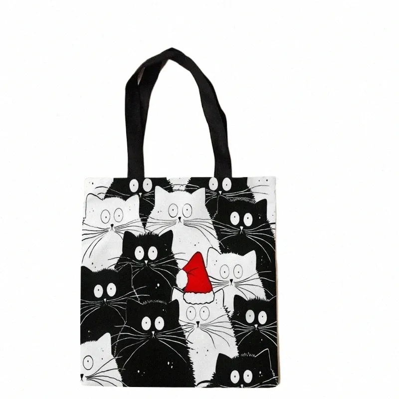 Sac fourre-tout pour femmes mignon chat noir boutique épicerie réutilisable école fille cadeau Cott lin tissus sacs fourre-tout K5tl #