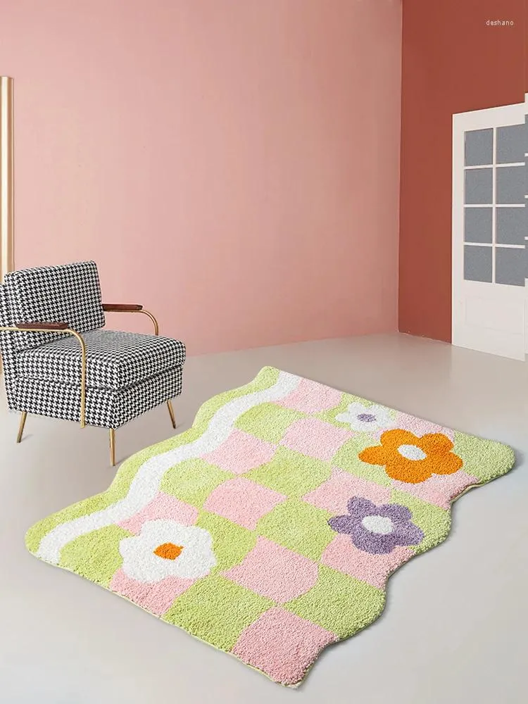 Carpets Abstract Wave Flowers Tufted Rug For Living Room Girl's Bedroom Cute Fluffy Flower Bath Mat Non-slip Groovy Area Home Decor