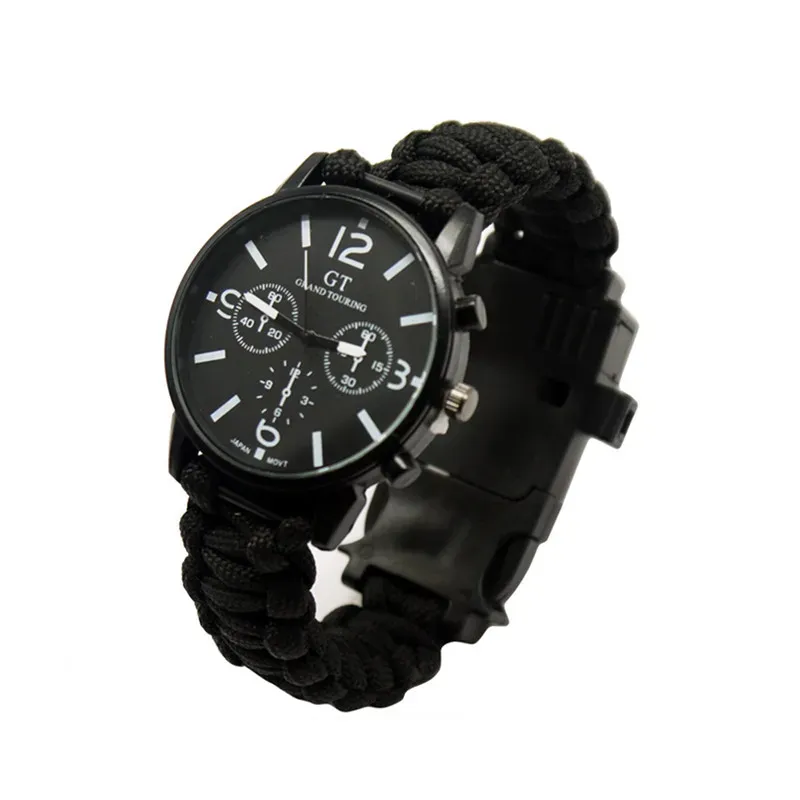 Survival Outdoor wielofunkcyjny Camping Survival Watch Zegarek z światłem LED 550IBS Paracord Compass Whistlel Reflector