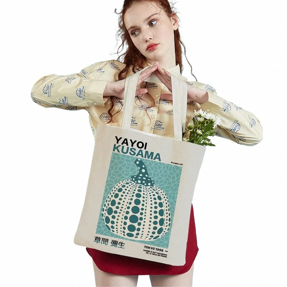 Japan Yayoi Kusama Stippen Pompoen Retro Dame Winkeltassen Nordic Shopper Tas Dubbele Print Vrouwen Supermarkt Handtas Canvas Tote C5S6 #