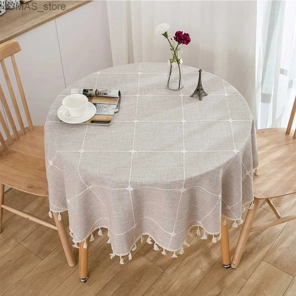 Table Cloth Three-dimensional Jacquard Checkered Round TableclothCotton Linen Tassels Dust-Proof Table CoverFor Dinner Party Wedding Decor Y2404011GWO