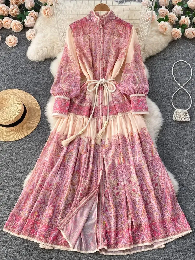 Outono férias rosa maxi dres roupas turleneck manga longa lanterna flor retro impressão com cinto chiffon solto vestidos 240321