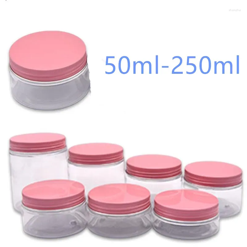 Bouteilles de stockage 12 pièces/lot 50ml-250ml pot cosmétique en plastique bouteille de sérum clair récipients de couvercle en aluminium rose pour Pots vides de beurre corporel