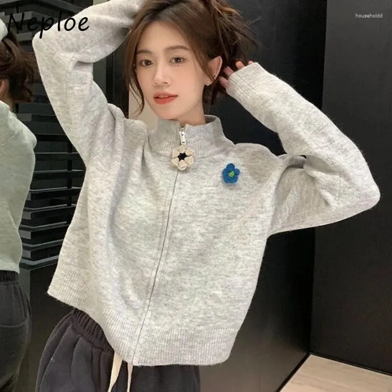 Women's Knits Neploe Korean Simple Turtleneck Zipper Sweater Coat Spring Autumn Loose Knitted Cardigan Y2k Long Sleeve Gray Tops Women