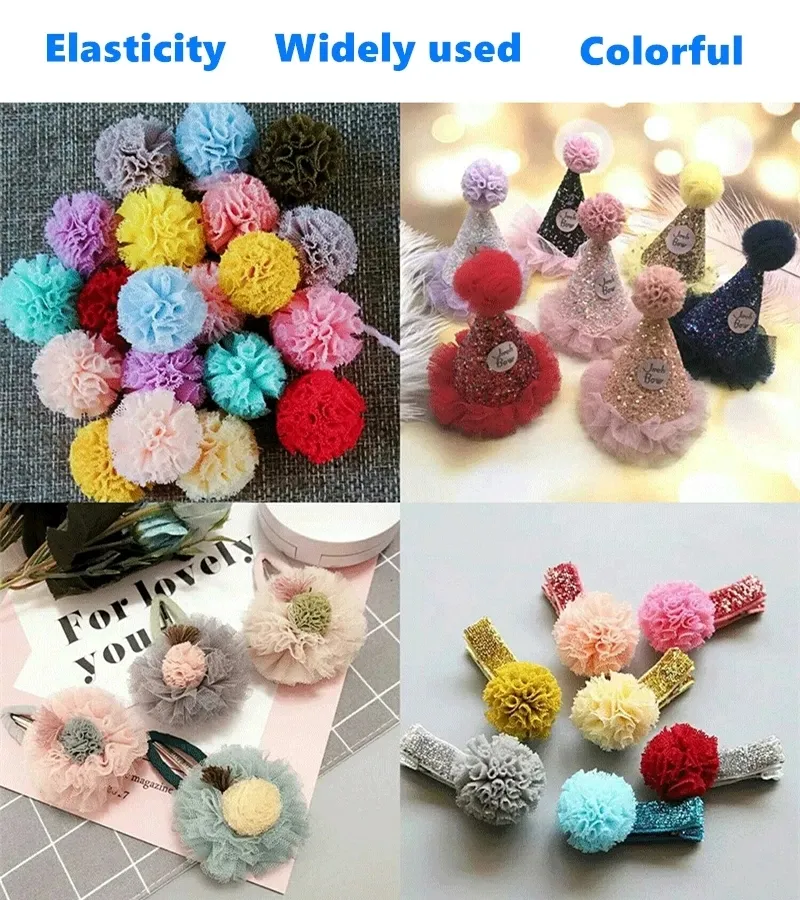 20/40pcs 25mm de gaze de renda pom pom flores elásticas bolas de pingente de malha de pompom de pelúcia para cilina para acessórios para decoração