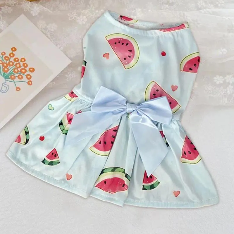 Vêtements pour chiens Robe pour animaux de compagnie avec ruban d'impression de fruits Bowknot pour petits chiens moyens chats tenue d'été chiot pastèque