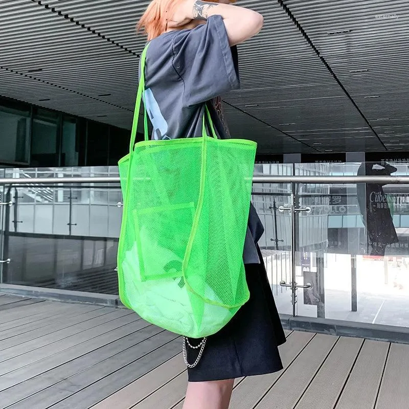 Shopping Bags Women Bag High-capacity Gauze Grid Shoulder Ins Fashion Handiness 2024 Easy To Match Fluorescent Green Blue Black