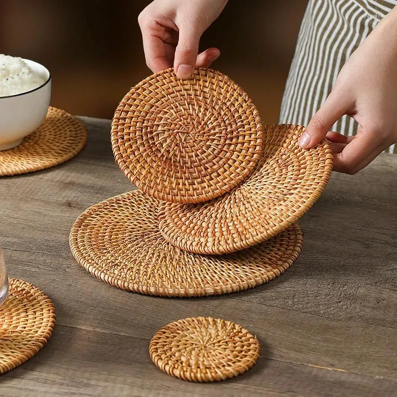 Table Mats Rattan Handmade Round Insulation Pot Mat Placemat Kitchen Tea Ceremony Accessories Decor