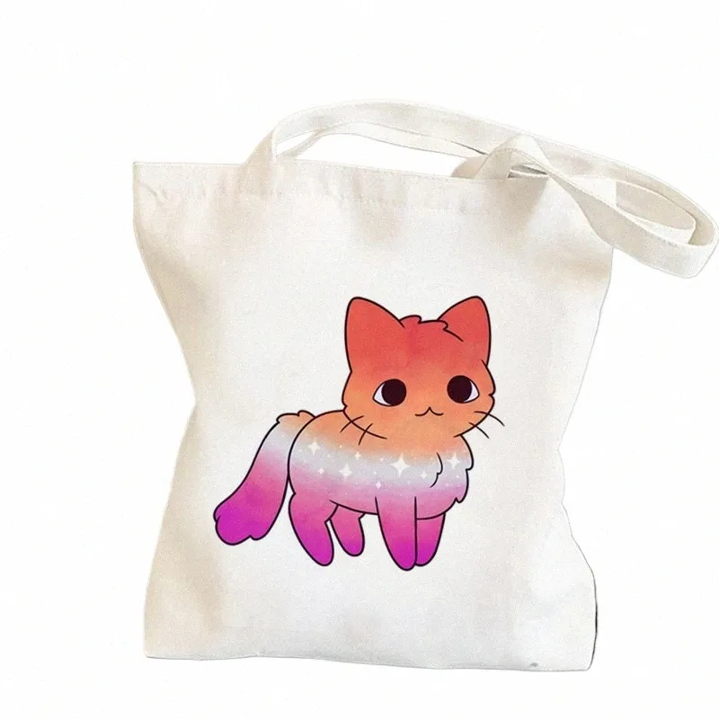 women Shopper bag Lesbian Pride Cat Printed Kawaii Bag Harajuku Shop Canvas Shopper Bag girl handbag Tote Shoulder Lady d8T6#