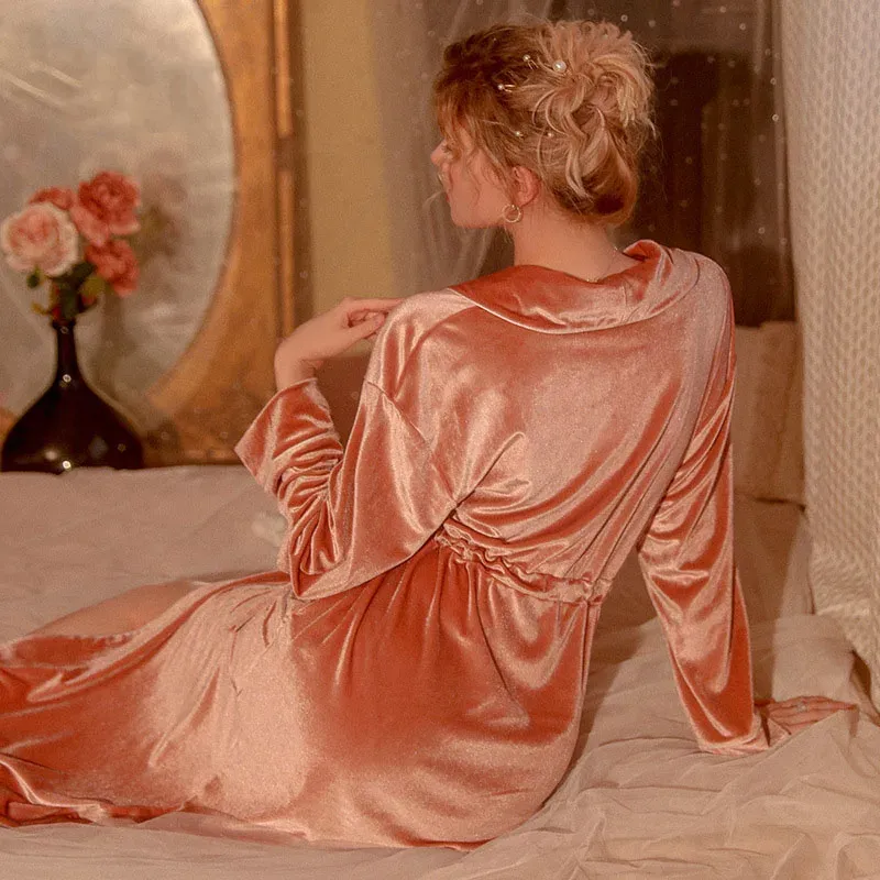 Velvet Slim Waist silk wedding nightgown - Warm Winter Gown for Women with High-Quality Velour - FG519