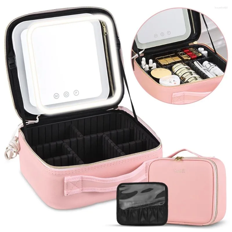 Sacs de rangement Valise de train de voyage avec miroir lumière LED luminosité réglable diviseurs de grande capacité pour pinceaux de maquillage cosmétiques