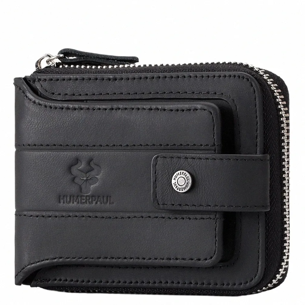 Portafoglio da uomo in vera pelle di mucca naturale RFID Multi-card Porta carte di credito di grande capacità Borsa con cerniera casual Portamonete Borsa N2YO #